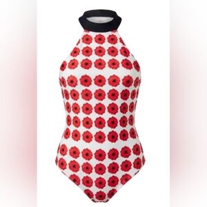 High-Neck Red Floral One-Piece Swimsuit - Women